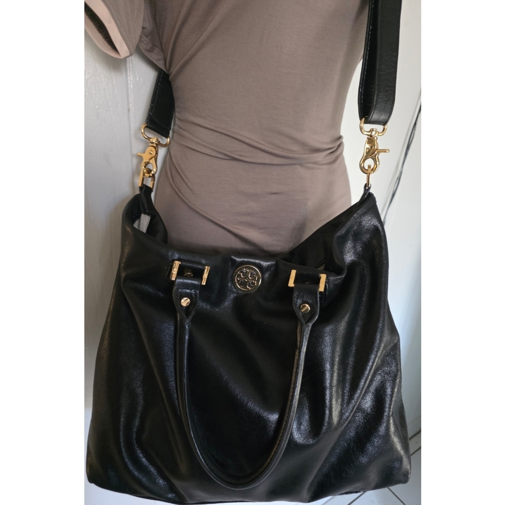 Large Tory Burch Black Leather Crossbody Bag with Gold Hardware
